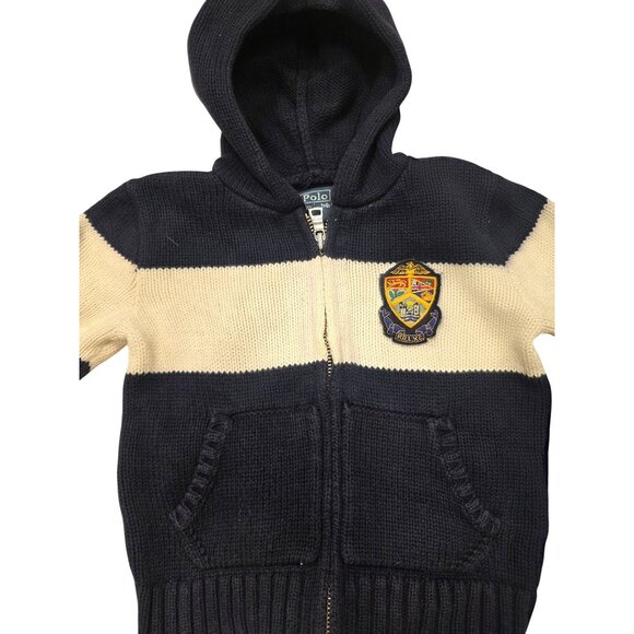 Polo Ralph Lauren Cotton Navy Sweater Preppy Knit Hoodie With Crest Patch 24M - Picture 2 of 8